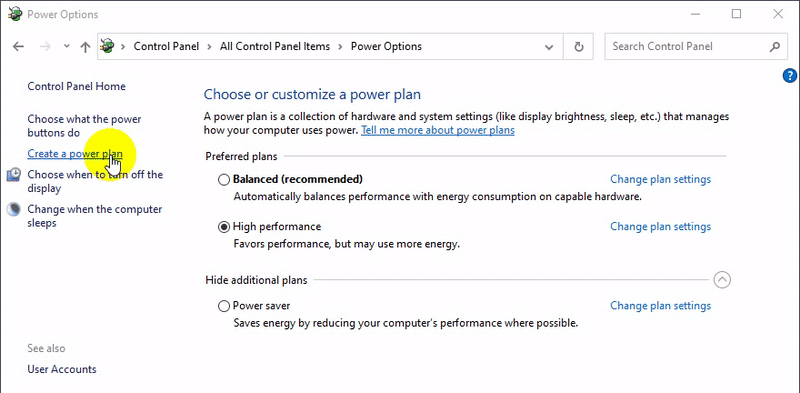 แผนการใช้พลังงานแบบ High Performance และ Ultimate Performance บน Windows 10  หายไป ทำยัง