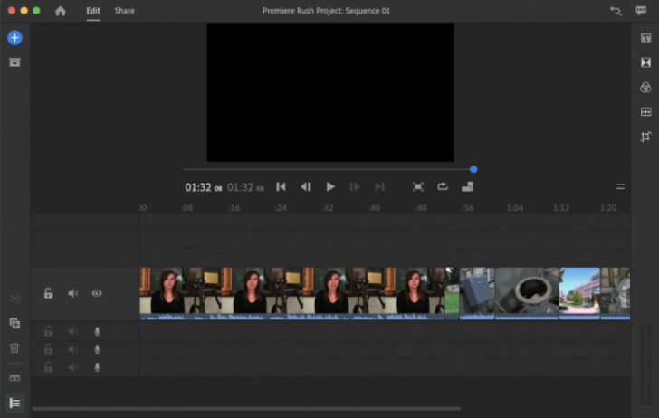 หน้าตาการใช้งานโปรแกรม (Interface) ของ Adobe Premiere Rush